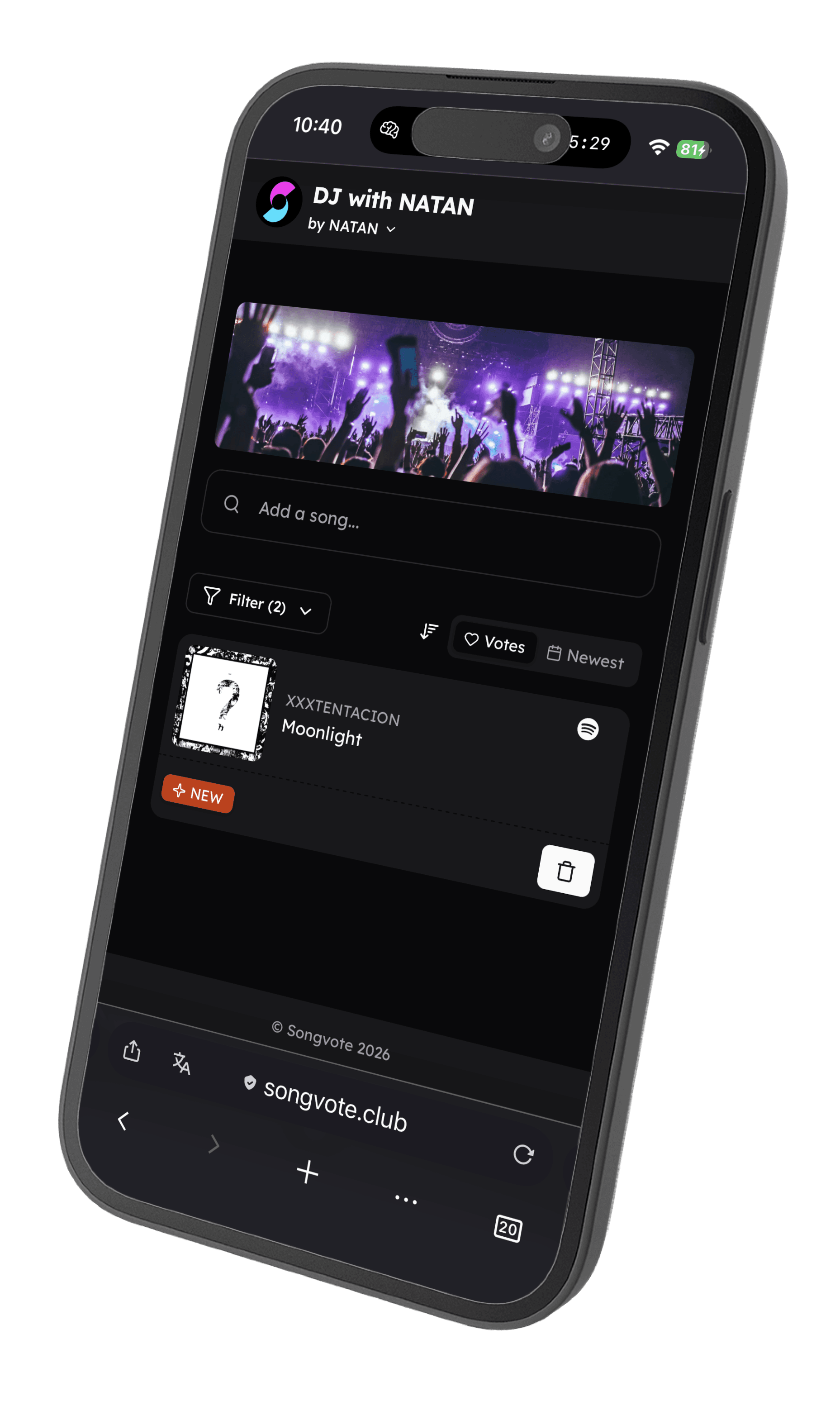 Real-time voting on Songvote during a live event
